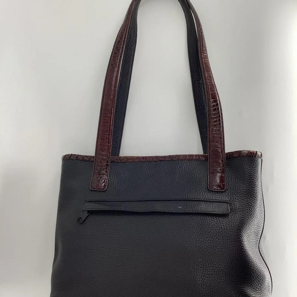 Brighton Black Pebbled Leather Tote Bag Brown Croc Embossed Trim Silver Heart